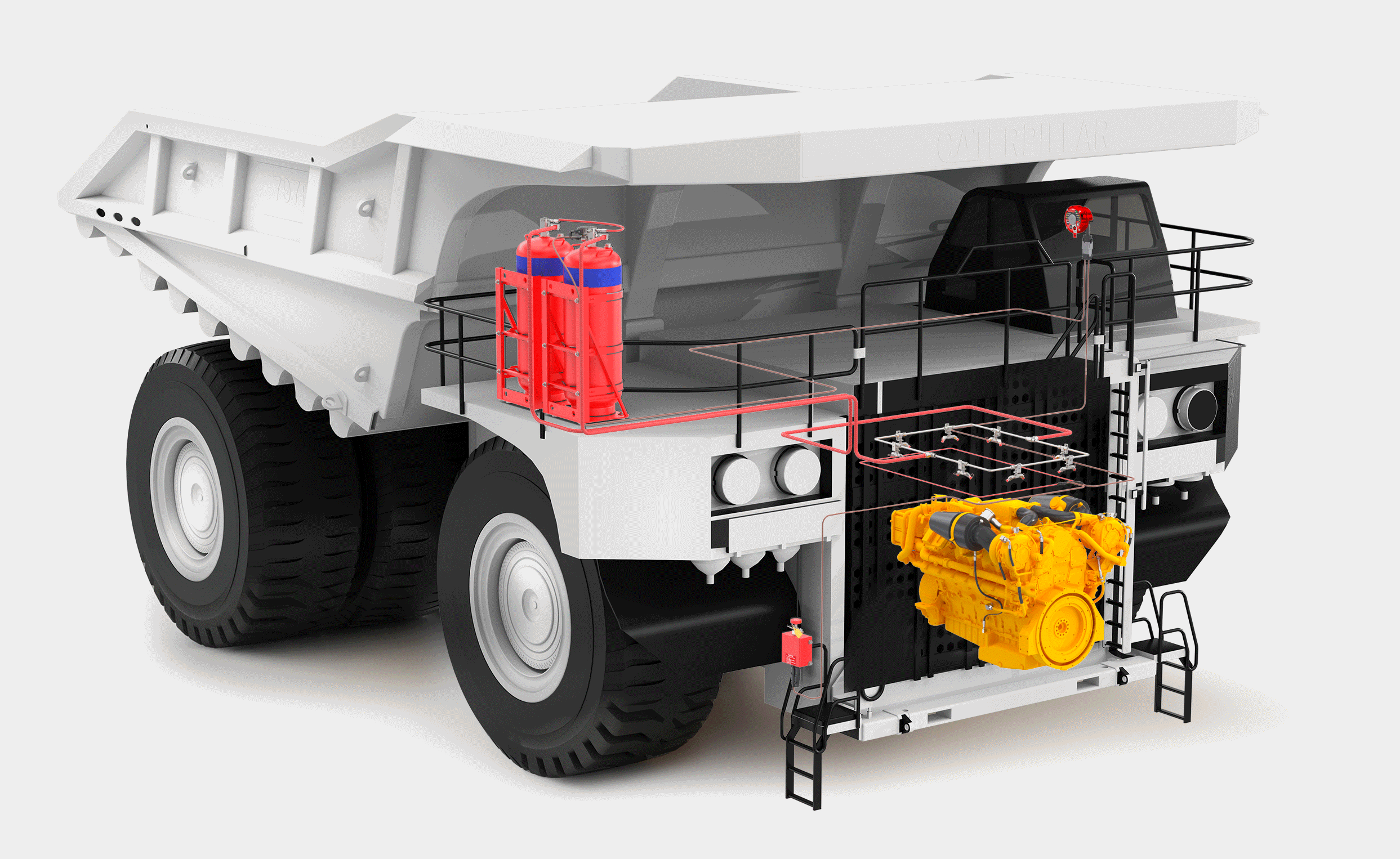 Yellow rigid mining haul truck with red Muster suppression cylinders mounted behind the cab
